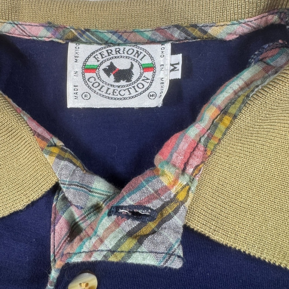 Ferrioni Collection Navy Blue Polo Shirt Mens M Plaid Tan Preppy Golf VTG 90s - Picture 3 of 12